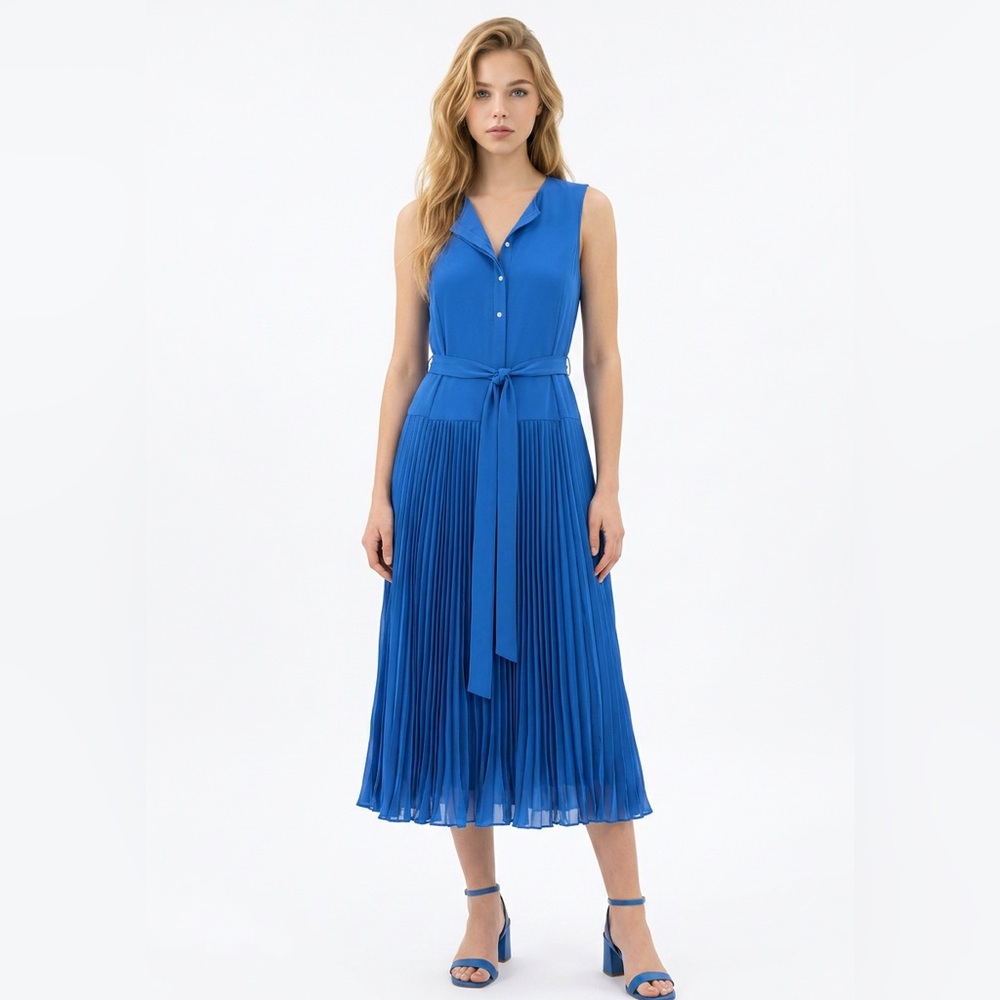Kobi Halperin Cobalt Sleeveless Pleated Midi Dress with Tie Waist
